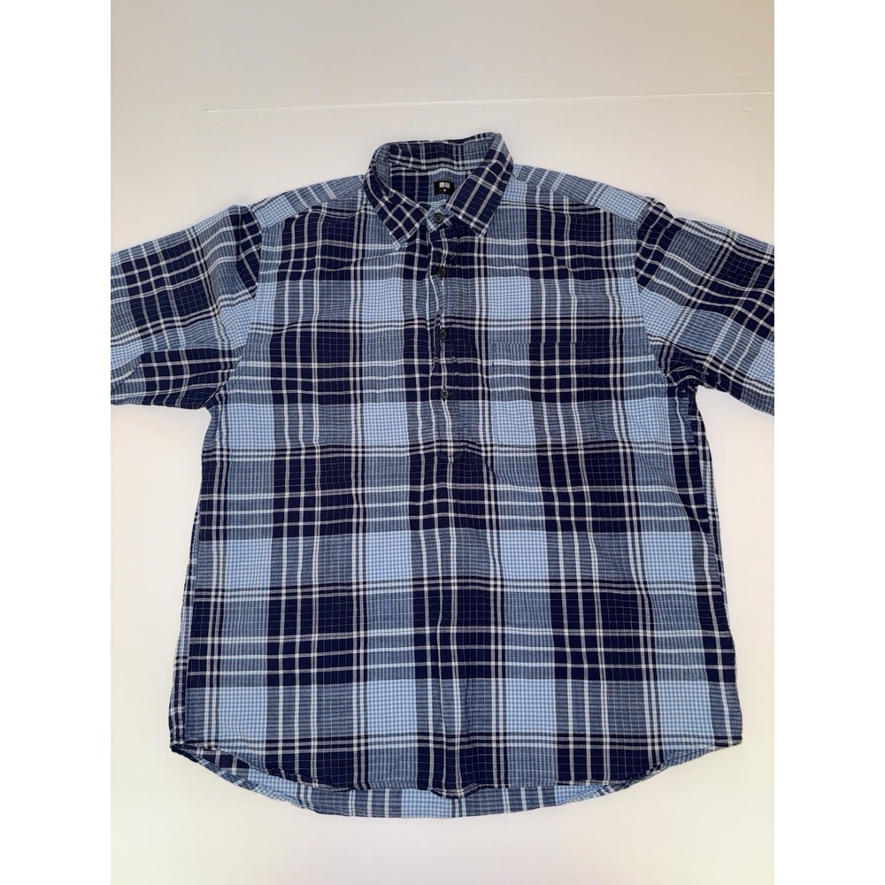 Uniqlo Men Medium Madras Button Down Shirt Plaid Blue 100% Cotton Top Casual